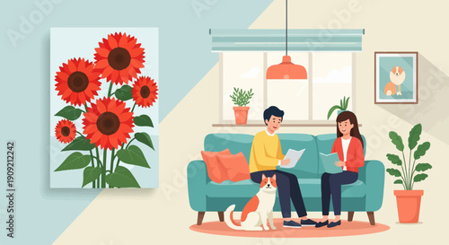 A couple reads books on a sofa with their dog and sunflowers