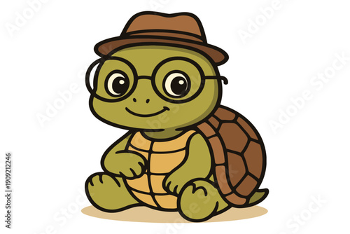 A cute cartoon turtle wearing glasses and a hat sitting cheerfully