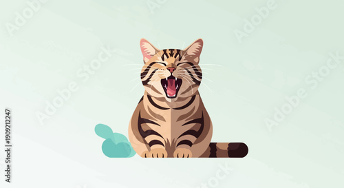 A cartoon tabby cat is shown yawning wide with eyes closed