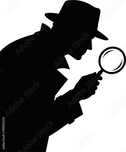 Simple Noir Detective Silhouette with Fedora and Magnifying Glass Black Spy Investigation Icon Vector