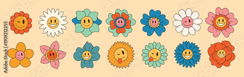 Fotografía floral cartoon characters set of stickers in trendy retro