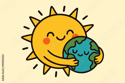 A cheerful sun holding a smiling earth in its rays, symbolizing care for our planet.