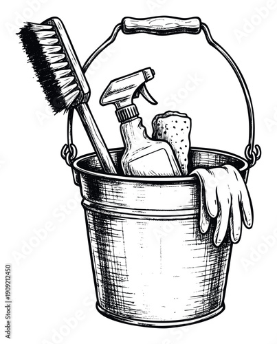 Household maintenance supplies bucket with scrubbing brush and spray bottle ready for routine chores to keep your living space pristine