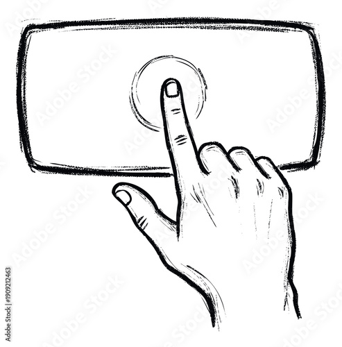 Hand pressing a button on a screen or interface, depicting human interaction with technology, useful for illustrating concepts of control and selection in applications