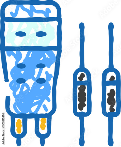 Electronic circuit elements with a vacuum tube and two resistors in a hand drawn doodle style, illustrating basic electrical components and simple analogue testing gear