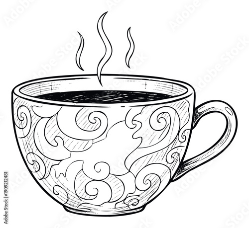 Black and white doodle style drawing of a steaming coffee mug featuring ornate swirling decorations, ideal for culinary blogs, restaurant promotions, or cozy home accents.