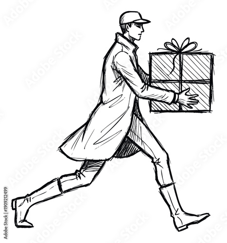 A swift courier in a cap and coat quickly delivers a wrapped gift box, perfect for showcasing express service or special holiday delivery themes in promotions.