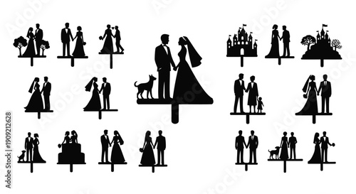 Silhouette set of wedding cake toppers with couples and pets