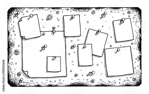 Vintage sketch style memo board with blank rectangular papers and various pushpins offering a customizable space for important messages announcements and creative information display