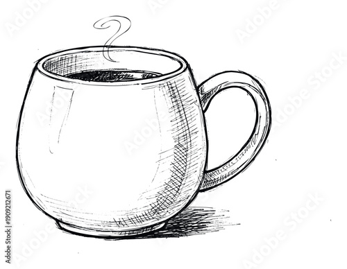 Handdrawn sketch of a steaming coffee mug filled with a hot beverage, ideal for morning drink advertisements, cafe menu designs, and cozy blog posts.
