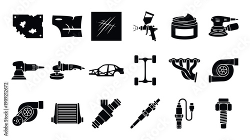 Car maintenance and performance parts icon set depicting automotive bodywork repair processes, engine components, and mechanical fasteners for workshops and vehicle enthusiasts