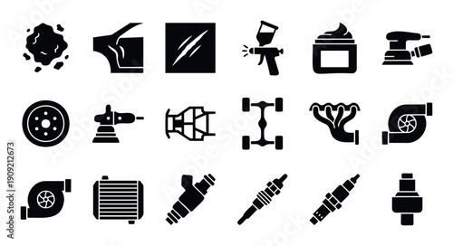 A comprehensive collection of automotive parts and car repair tools presented as sleek black silhouette icons, perfect for auto service advertising, maintenance guides, or car enthusiast