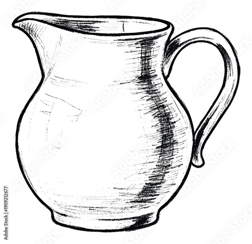 Classic pitcher with a sturdy handle and wide spout depicted in a stylish sketch drawing for kitchen decor publications or beverage serving advertisements