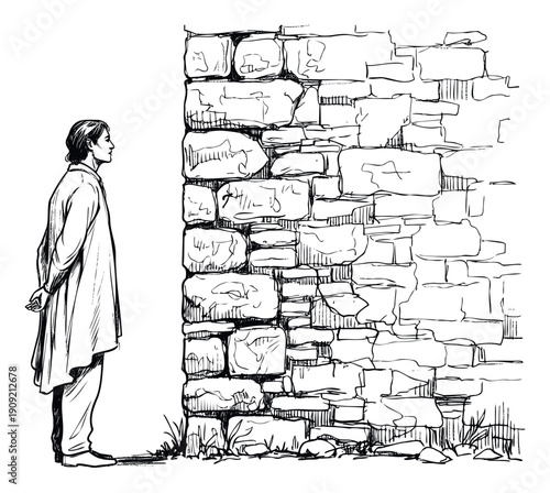 A pensive man stands in profile observing a rugged ancient stone wall, ideal for projects depicting history, contemplation, or cultural heritage studies