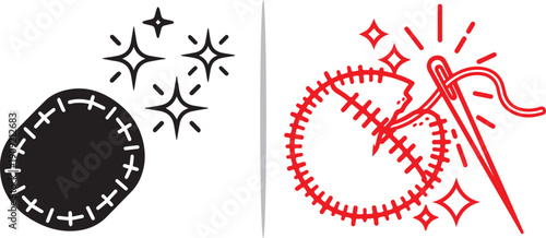 Two circular vector icons—one black and one red—featuring needle and thread stitching patterns with sparkling star accents, representing craft, repair, and creative tailoring.