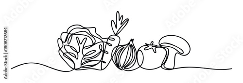 A minimalist continuous line drawing illustrating a diverse selection of fresh produce, perfect for healthy lifestyle promotions, culinary education materials, or modern kitchen inspired