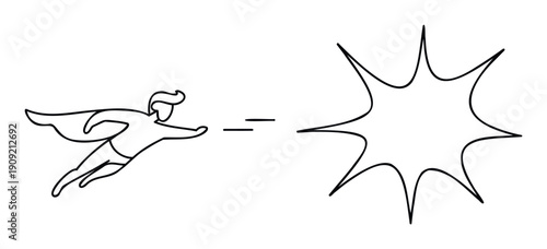 Line drawing depicting a superhero flying towards an explosive symbol, representing power, achievement, and problemsolving, perfect for business concepts or motivational graphics.