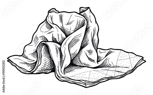 A hand drawn crumpled fabric or napkin featuring a quilted texture for use in culinary contexts, event planning materials, or home decor concepts.