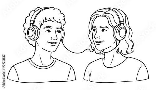 Young people sharing headphones and smiling, representing connection and togetherness for themes of friendship, relationships, and modern communication.