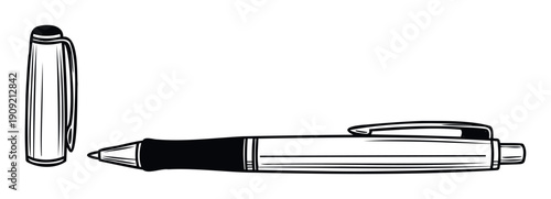 Black and white line drawing of a modern ballpoint pen with its cap, useful for office stationery designs, educational content, or business communication graphics.