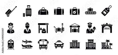 Comprehensive travel and tourism icons collection featuring luggage, transportation vehicles, and hotel symbols for modern application interfaces and informational graphics