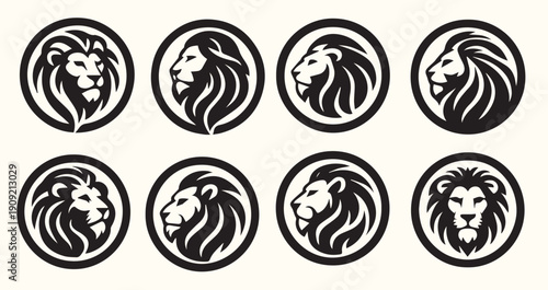 Nine Black and White Lion Head Icons in Circular Frames Stylized Animal Portraits Graphic