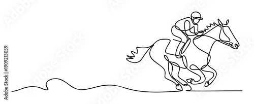 Minimalist single continuous line drawing capturing a jockey riding a horse at full gallop, ideal for equestrian sport marketing, event invitations, or modern athletic branding.