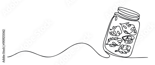 A flowing single line drawing of a glass jar containing abstract organic plant elements on a subtle wavy base, ideal for natureinspired product packaging, ecofriendly promotions, or serene
