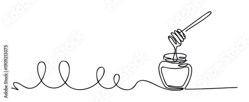 Simple continuous single line drawing of a honey dipper holding dripping honey over a glass jar, perfect for foodrelated branding, sweet product packaging, or healthy lifestyle content.