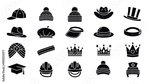 A comprehensive collection of diverse headwear including hats, caps, crowns, and helmets, ideal for fashion, accessory, protection, and celebratory design projects