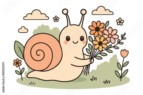 A cheerful snail carrying a bouquet of flowers in a sunny garden setting