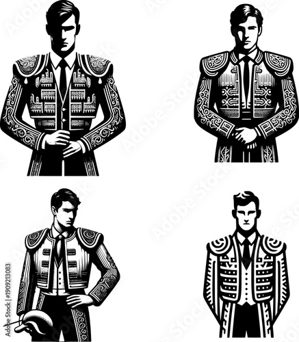 Vector illustration set of four matador characters in traditional costume, showing cultural performance and profession concept in sketch style. Simple hand drawn line art design, isolated on white bac