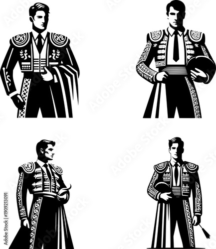 Vector illustration set of four matador characters in traditional costume, showing cultural performance and profession concept in sketch style. Simple hand drawn line art design, isolated on white bac