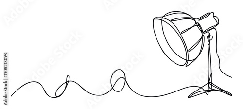 Minimalist continuous line drawing of a professional photography studio spotlight with softbox reflector on a stand, ideal for web graphics, creative projects, and visual communication