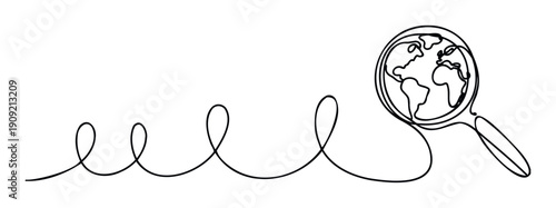 Discover global opportunities and explore the world with this continuous line drawing of a magnifying glass over a globe, ideal for business, technology, and travel projects
