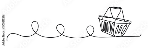 Stylized single line illustration of a shopping basket connected by a flowing wavy path, ideal for representing online shopping, retail pathways, consumer journey, or purchase process