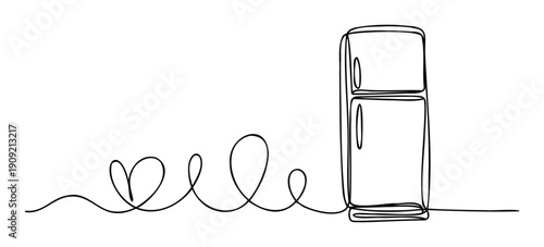 Refrigerator depicted in continuous single line drawing style with a heart shape and loops, suitable for kitchen appliance advertisements, home decor publications, or minimalist graphic
