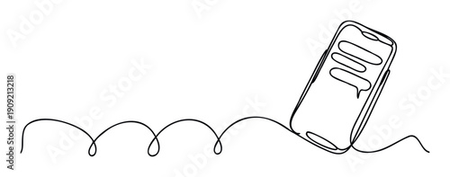 Modern smartphone with chat bubbles depicted in a continuous line drawing style, representing digital communication and mobile technology for contemporary marketing and user interface