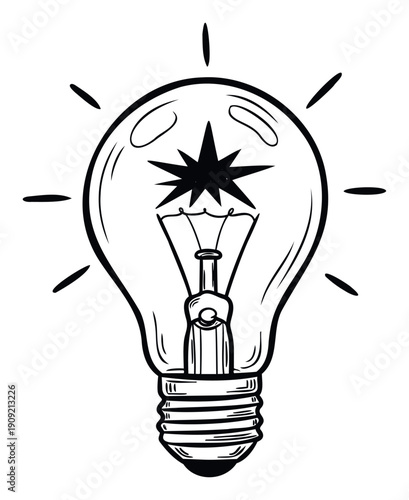Classic hand drawn black outline lightbulb with a shining star inside symbolizing new concepts and breakthrough solutions perfect for illustrating business innovation and creative thinking