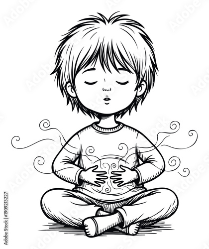 Young boy sitting crosslegged practicing mindfulness and deep breathing exercises for a calm mind and inner peace, perfect for educational resources and childrens wellness content