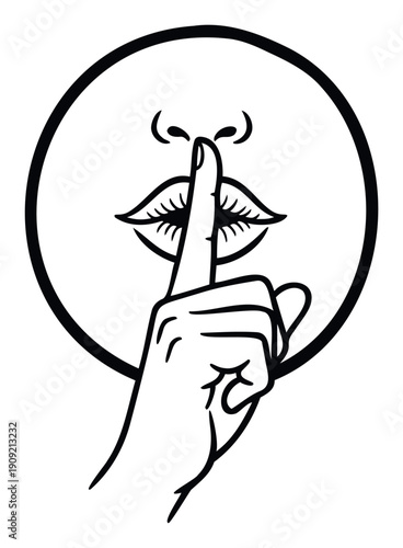 Simple black and white line drawing of a finger pressed against lips within a circle symbolizing silence secrecy or confidentiality ideal for communication and privacy themed projects