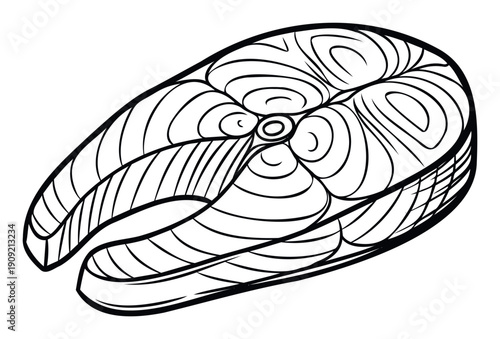 A stylized black outline drawing of a fresh salmon steak representing healthy eating and seafood cuisine, suitable for food blogs, restaurant menus, or recipe illustrations