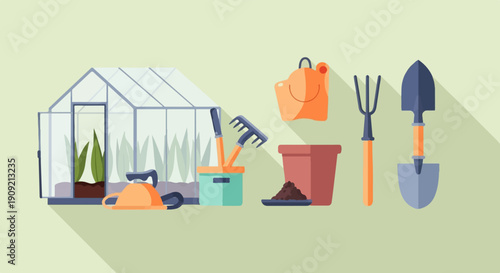 A collection of gardening tools and a small greenhouse, rendered in a flat illustration style