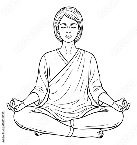 Meditating woman in lotus position radiating peace and spiritual tranquility, ideal for mindfulness workshops, yoga studio promotions, or mental health awareness campaigns.