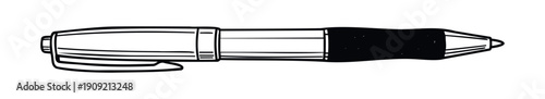 A simple black and white line drawing of a modern rollerball pen, perfect for educational materials, office supply advertisements, or stationery product visuals.