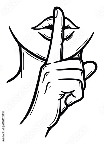 Classic hand gesture showing a finger pressed against the lips signaling for silence or quiet, ideal for communication projects or warning graphics.