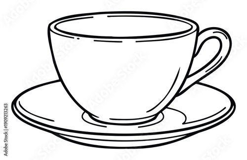 Classic black and white line drawing of a simple teacup on a matching saucer, ideal for culinary blogs, kitchen decor, cafe menus, or elegant beverage advertisements