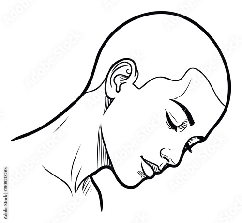 Stylized line drawing of a persons head with a peaceful expression, ideal for conveying feelings of tranquility, introspection, or quiet contemplation in various graphic applications.