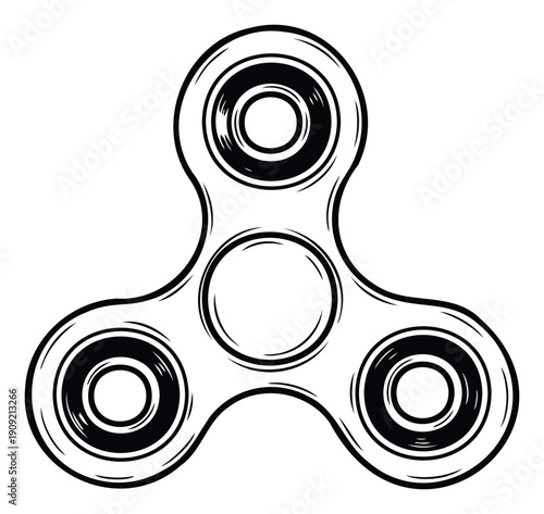 Monochrome fidget spinner graphic representing a popular stress relief toy and hand gadget, ideal for merchandise printing, product packaging, educational resources, and playful branding
