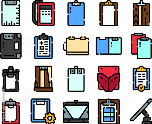 Icons illustrating various clipboards, folders, and other stationery items, representing concepts of document management, task organization, and office administration